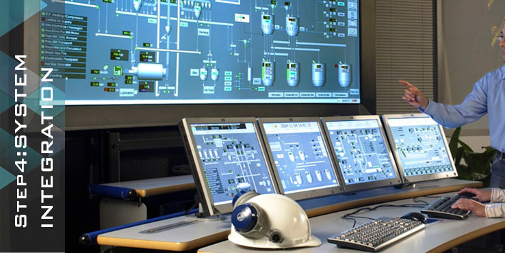 Step4:SYSTEM-INTEGRATION - We develop software and hardware configurations for the final system. This phase involves control system logic development complying to customer’s Functional Design Specifications and developing the operator-friendly GUI for HMI/SCADA interface. This step often starts concurrently with Step 3.